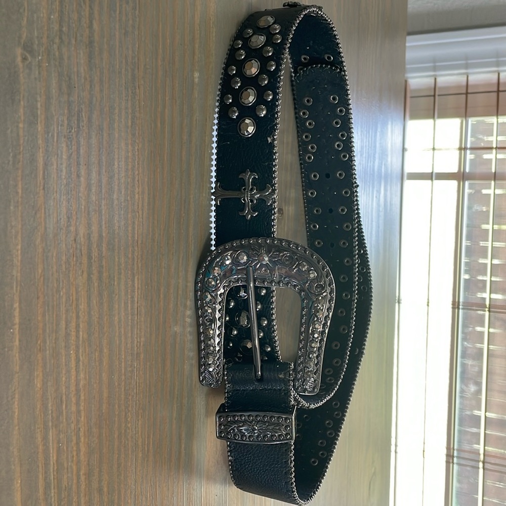 Used vintage leather belt with rhinestones